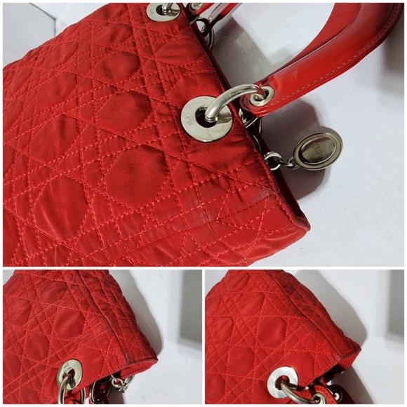 Authentic Christian Dior Vintage Canage Quilted Nylon Lady Dior Hand Bag Red - Picture 6 of 16